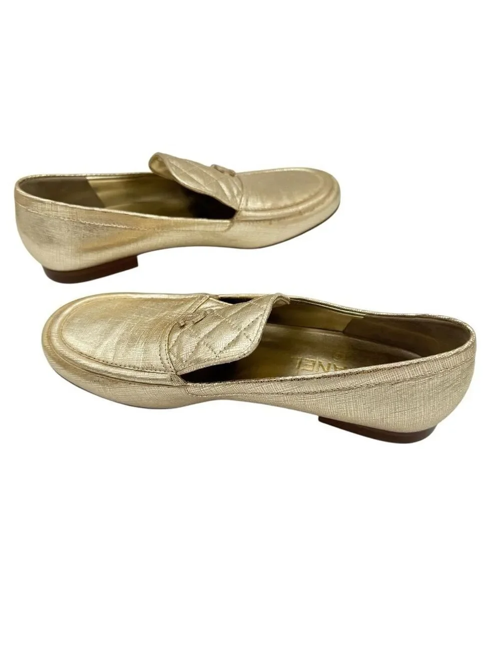 CHANEL Metallic Gold Quilted Leather Loafers Size 40 Wide (fits a 9)